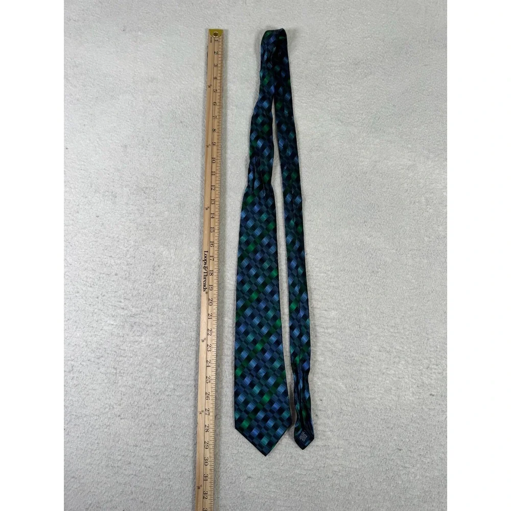John Ashford Necktie Mens OS Blue Green Good Silk Geometric Plaid Hand Made